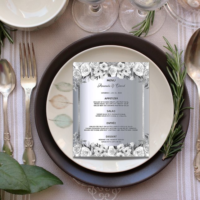 Wedding Menu silver metallic white roses elegant (Creator Uploaded)