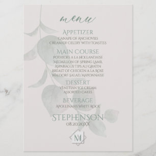Wedding Menu Silver Sage Eucalyptus Monogram
