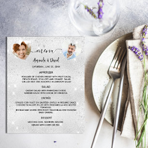 Wedding Menu silver sparkles photo hearts