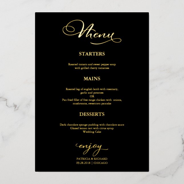 Wedding Menu Simple Elegant Black Gold (Front)
