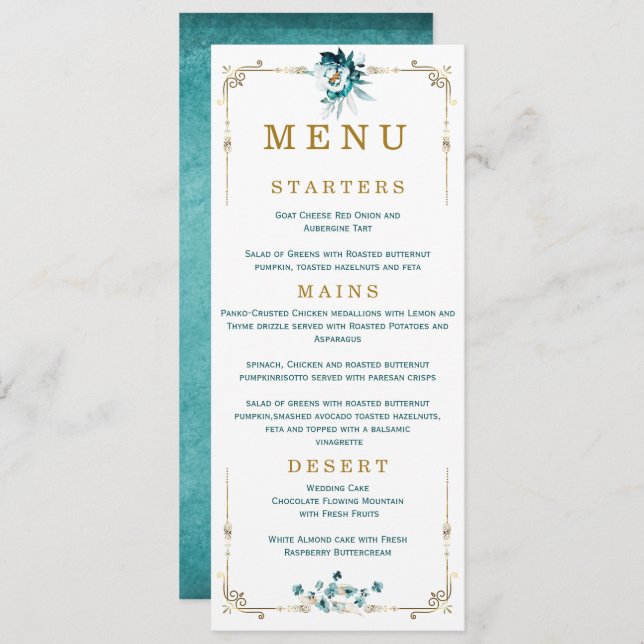 Wedding Menu Teal and Gold Cards (Front/Back)