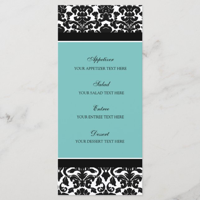 Wedding Menu Teal Black Damask (Front)