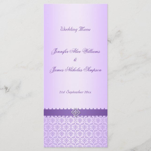 Wedding Menu Template Vintage Lilac Damask (Front)