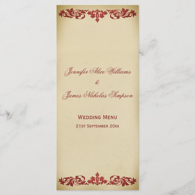 Wedding Menu Vintage Leaf Scroll in Burgundy (Front)