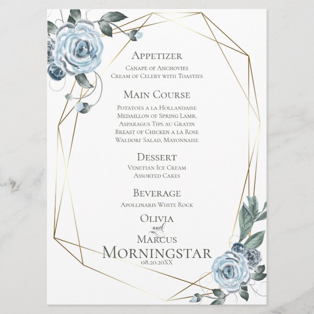 Wedding Menu | Watercolor Dusty Blue Floral (Front)