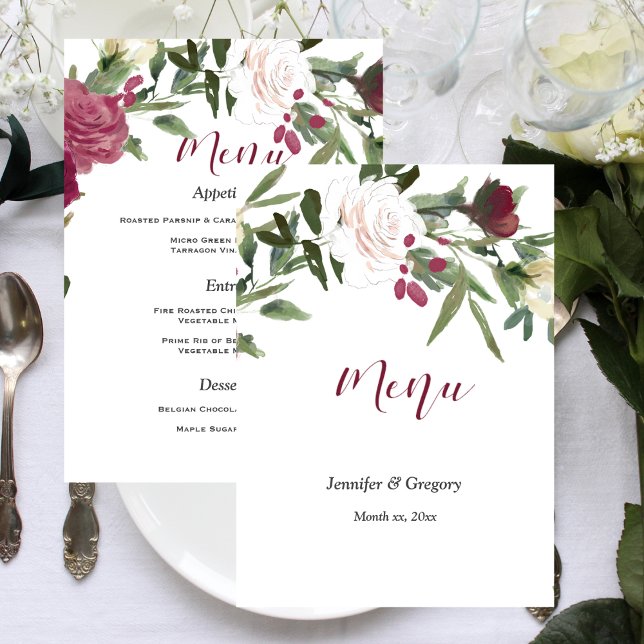 Wedding Menu Watercolor White Roses with Cranberry (Wedding Menu Watercolor White Roses with Cranberry Flowers)