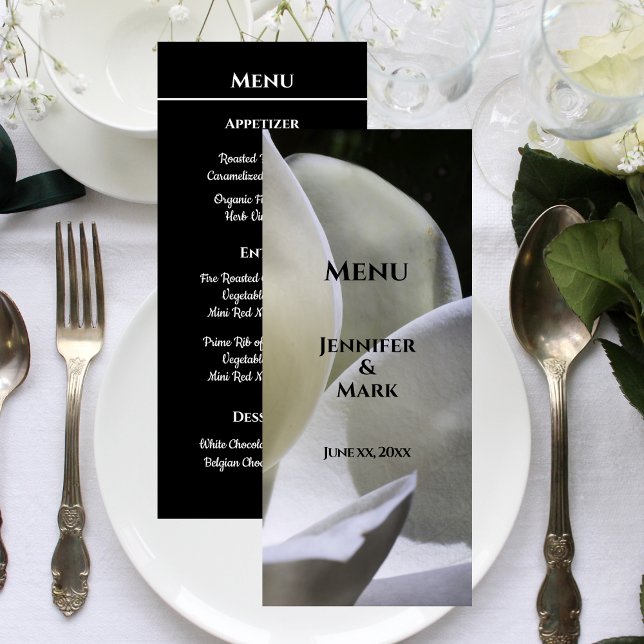 Wedding Menu White Magnolia Black and White (Wedding Menu White Magnolia Black and White Card)
