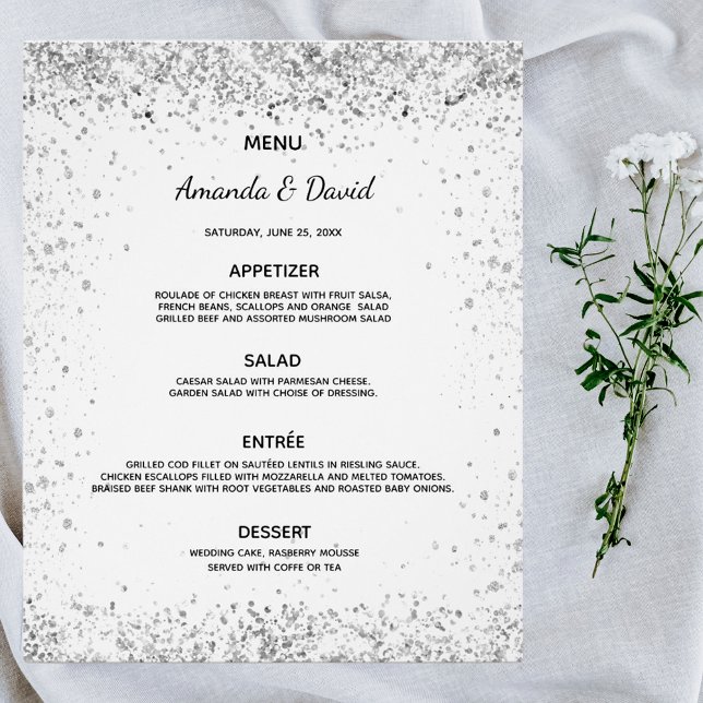 Wedding Menu white silver glitter sparkles budget (Creator Uploaded)