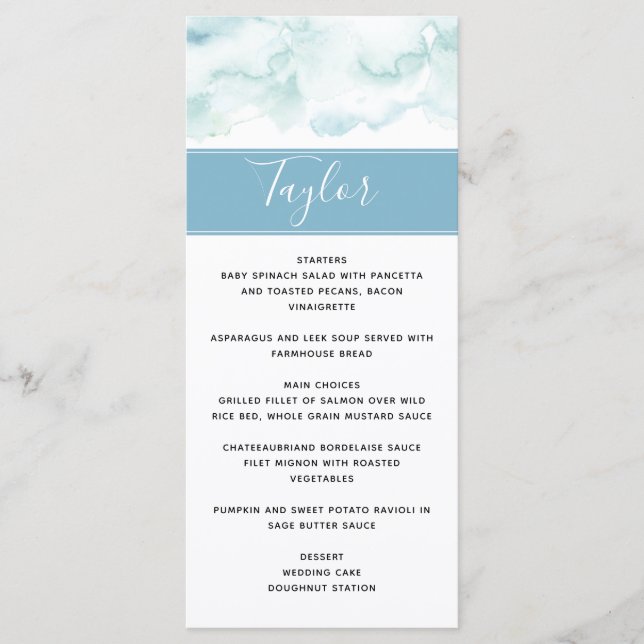 Wedding menu with Guest Name Dusty Blue Watercolor (Front)