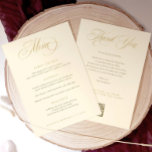 Wedding Menu with Thank You Gold<br><div class="desc">This elegant cream and gold wedding menu with thank you on the back, sized at 5x7, features luxurious calligraphy for a sophisticated touch to your reception. The back includes a heartfelt thank you note and a convenient QR code for guests to easily upload and share their photos from your special...</div>