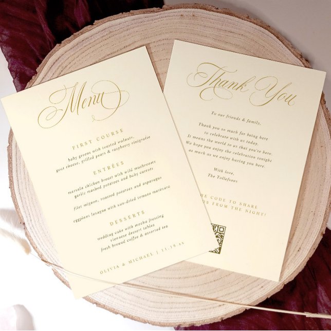 Wedding Menu with Thank You Gold (Elegant wedding menu with thank you on the back and qr code to upload photos for photo sharing.)
