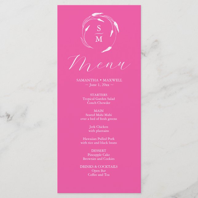 Wedding Menus Simple Monogram Fuchsia Pink (Front)
