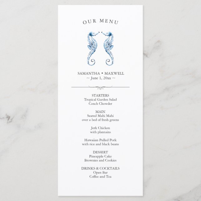 Wedding Menus Simple Watercolor Seahorses (Front)