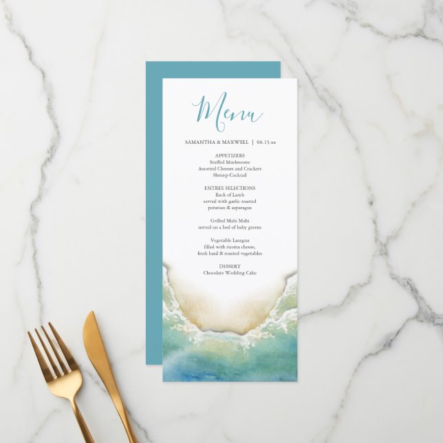 Wedding Menus Watercolor Beach Seashore (Front/Back In Situ)