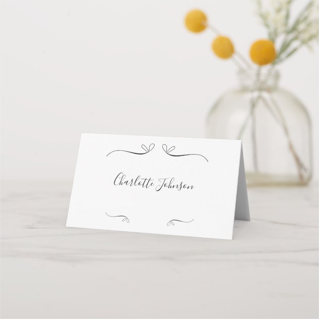 Wedding Minimal Script Black and White Name Place Card (Front)