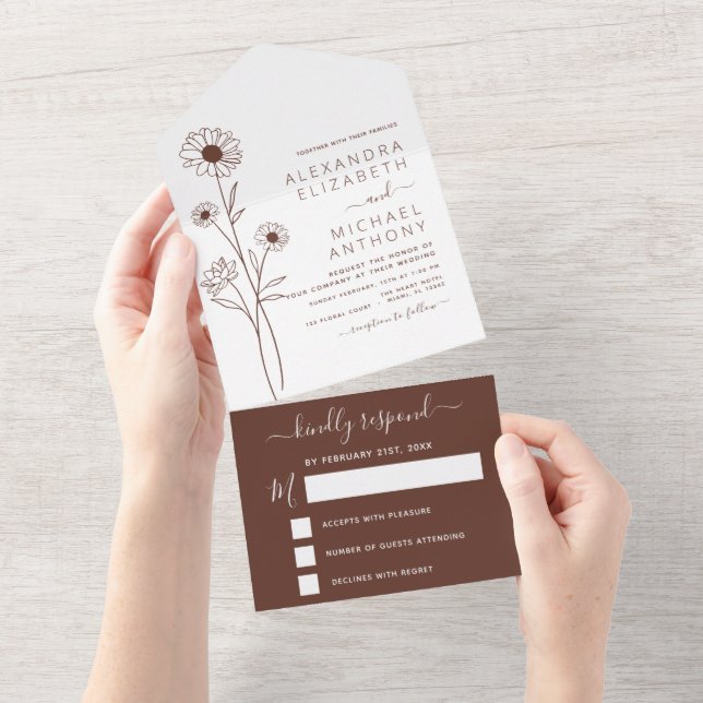 Wedding Minimalist Botanical Floral Line Art  All In One Invitation (Tearaway)