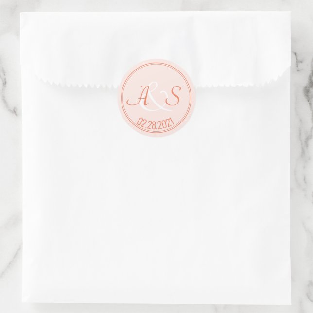 Wedding Minimalist Classic Initials & Date Orange  Round Sticker (Bag)