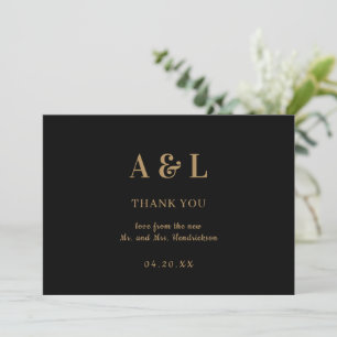 Wedding Minimalist Monogram Black Gold Thank You Card