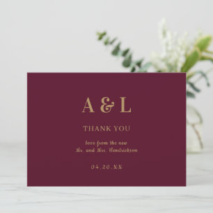 Wedding Minimalist Monogram Burgundy Gold Thank You Card