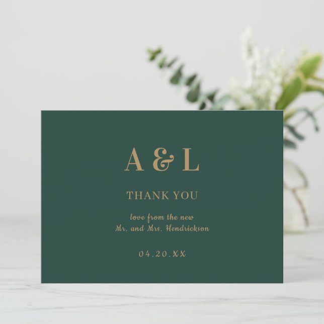 Wedding Minimalist Monogram Emerald Green Gold Thank You Card (Standing Front)