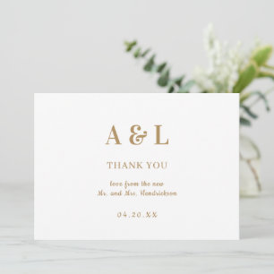 Wedding Minimalist Monogram White Gold Thank You Card