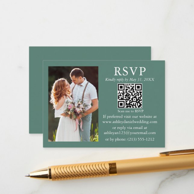 Wedding Minimalist Photo Eucalyptus Green QR RSVP Enclosure Card (Front/Back In Situ)