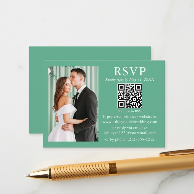 Wedding Minimalist Photo Neo Mint Green QR RSVP Enclosure Card (Front/Back In Situ)