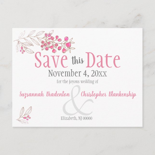 Wedding Minimalist Pink Berries Announcement Postcard (Front)