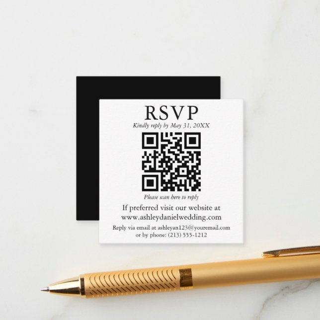 Wedding Minimalist QR Black White Square RSVP Enclosure Card (Front/Back In Situ)