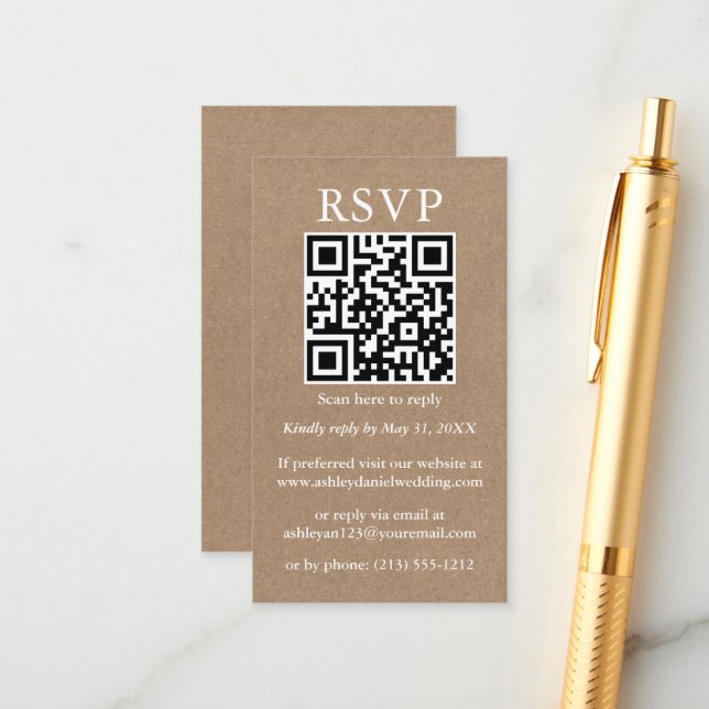 Wedding Minimalist Simple Kraft QR RSVP Enclosure Card (Front/Back In Situ)