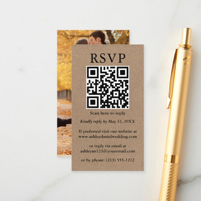 Wedding Minimalist Simple QR Photo RSVP Kraft Enclosure Card (Front/Back In Situ)