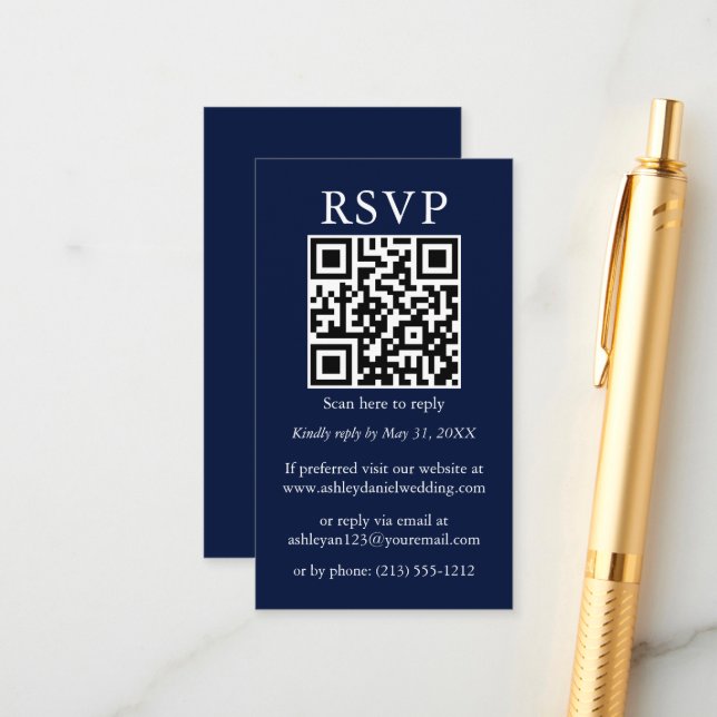 Wedding Minimalist Simple QR RSVP Blue Enclosure Card (Front/Back In Situ)