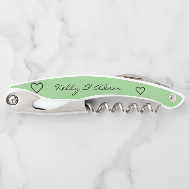 Wedding Mint Green Newlywed Hearts Personalised Corkscrew (Front)