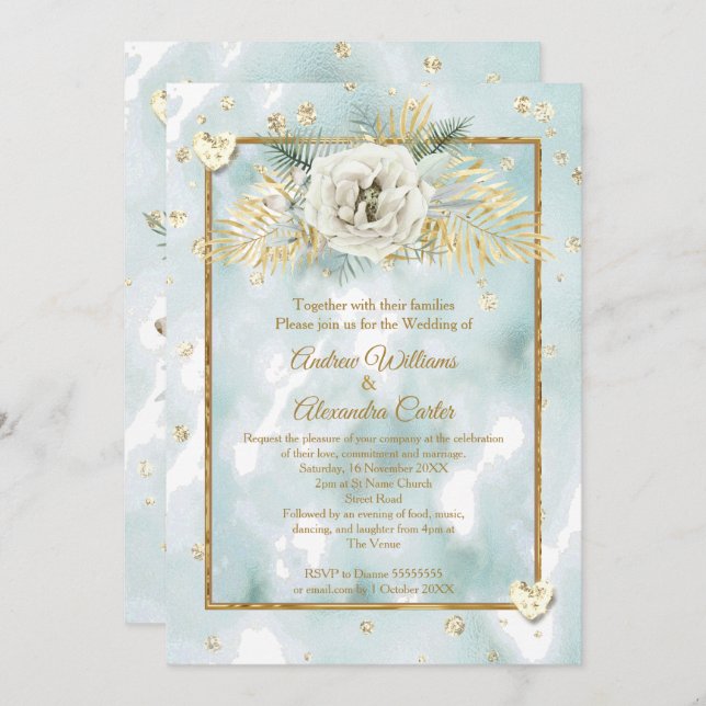 Wedding Mint Teal Gold marble Rose Floral Invitation (Front/Back)