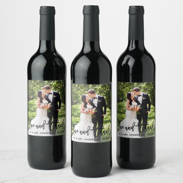 Wedding Modern Brush Script Love and Thanks Photo Wine Label (Bottles)