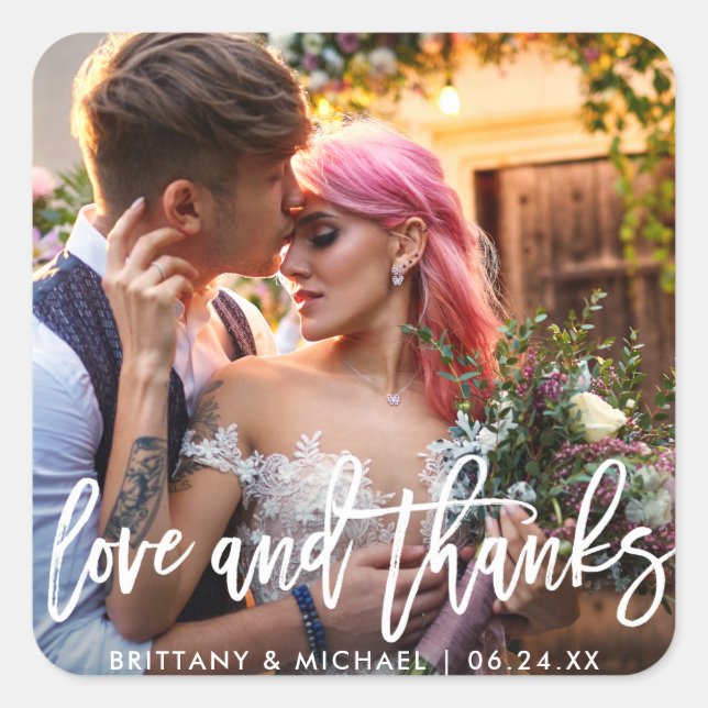 Wedding Modern Brush Script Love Thanks Square Sticker (Front)