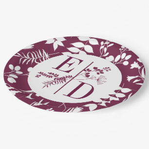 Wedding Modern Burgundy Initials  Paper Plate