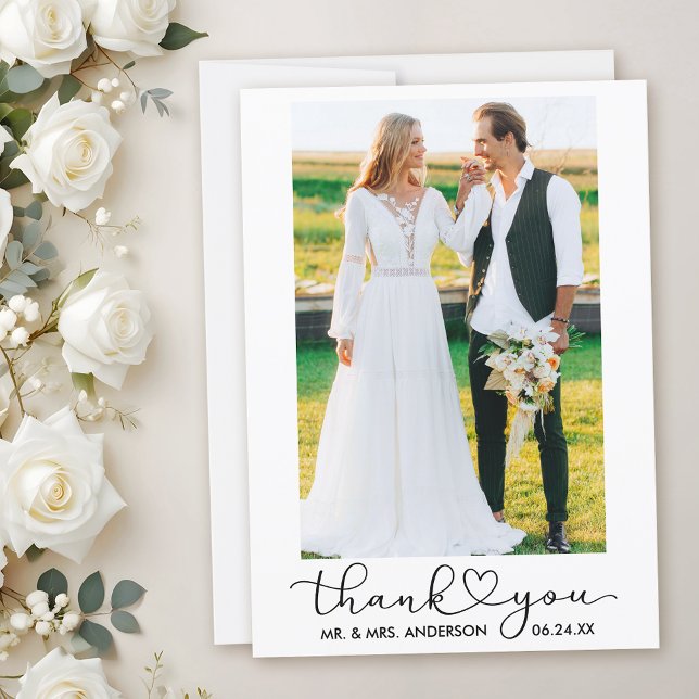 Wedding Modern Calligraphy Heart Script Photo Thank You Card (Customize to add text to back of card.)