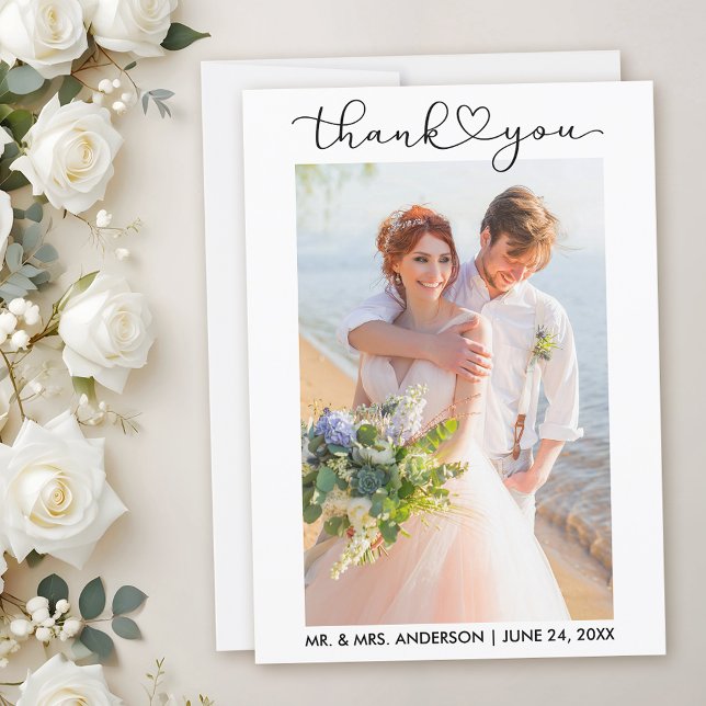 Wedding Modern Calligraphy Heart Script Thank You Card (Customize to add text to back of card.)
