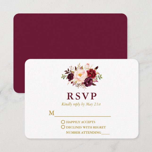 Wedding Modern Elegant Burgundy Floral Gold RSVP Card (Front/Back)