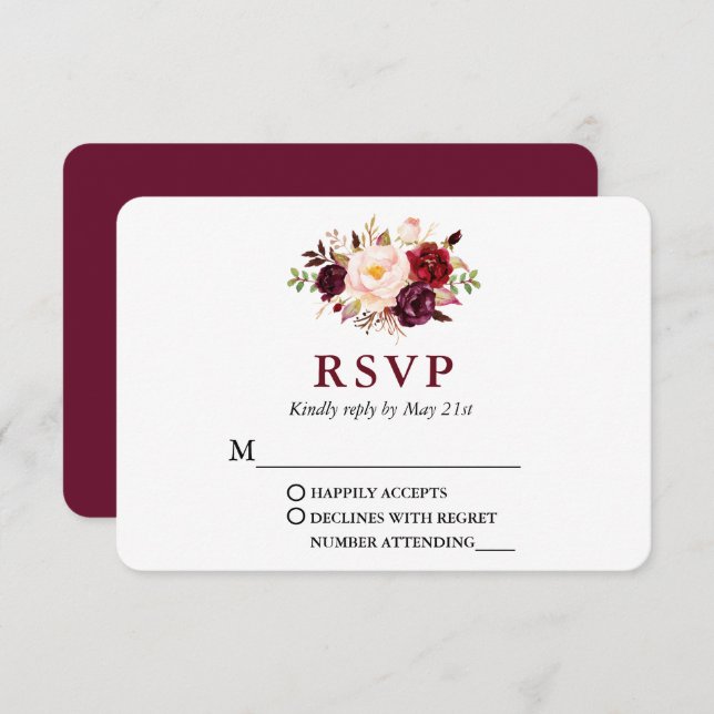 Wedding Modern Elegant Burgundy Floral RSVP Card (Front/Back)