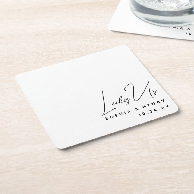 Wedding Modern Elegant Fun Bride Groom Lucky Us Square Paper Coaster (Angled)