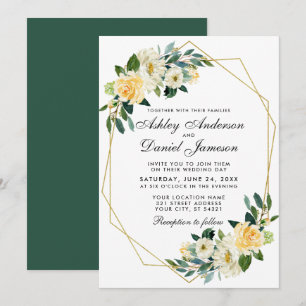 Wedding Modern Floral Yellow Green Gold Geometric Invitation
