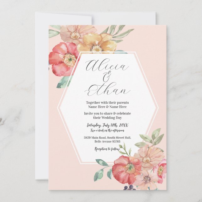 Wedding Modern Flowers Stylish Watercolor Blooms Invitation (Front)
