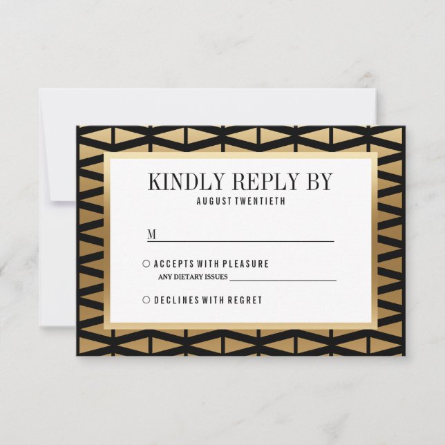 Wedding | Modern Gold & Black Geometric RSVP Card (Front)