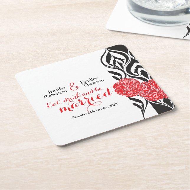 Wedding modern luxe red custom paper coasters (Angled)