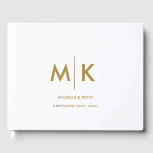 Wedding Modern Luxurious Monogram White Gold Guest Book