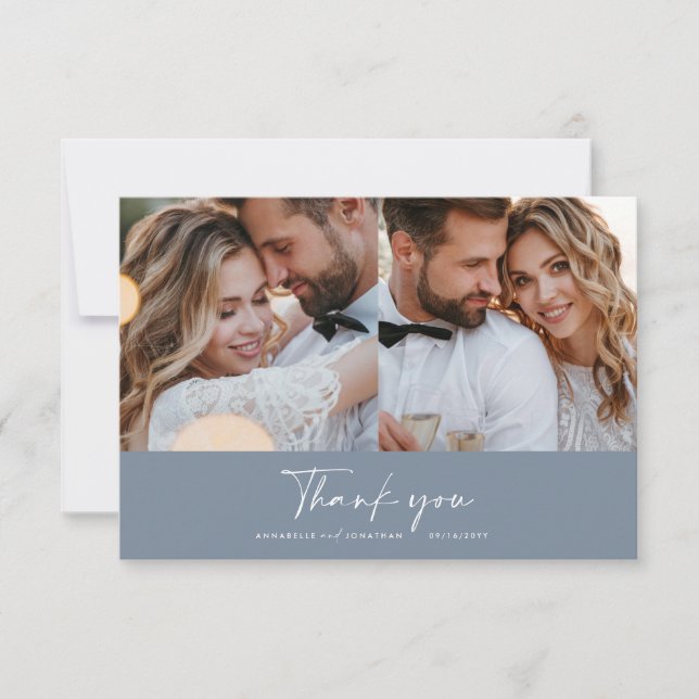 Wedding modern minimal multi photo thank you blue invitation (Front)
