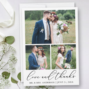 Wedding Modern Minimalist Calligraphy 3 Photo Love Thank You Card