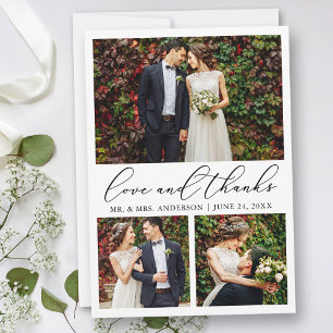 Wedding Modern Minimalist Calligraphy 3 Photo Love Thank You Card